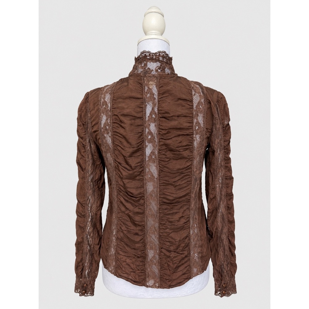LoveShackFancy Brown Lace Ruched Victorian Blouse Mock Neck Button Front Size 4 - Picture 2 of 6